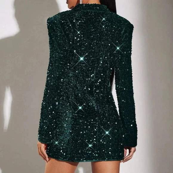 Dark Green Party Women's Stand Collar Sequin Embellished Long Sleeve Blazer - Picture 2 of 6